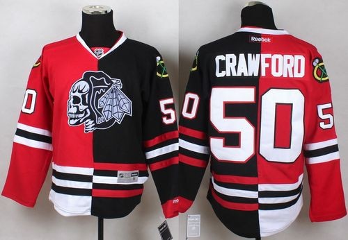 Blackhawks 50 Corey Crawford Red Black Split White Skull Men Jersey