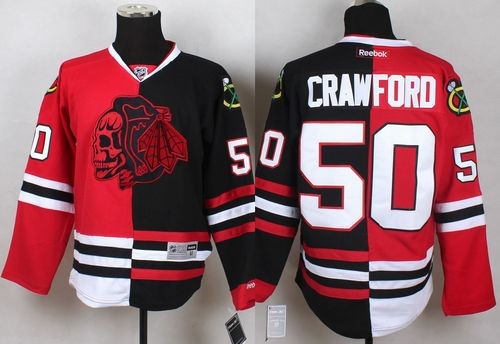 Blackhawks 50 Corey Crawford Red Black Split Red Skull Men Jersey