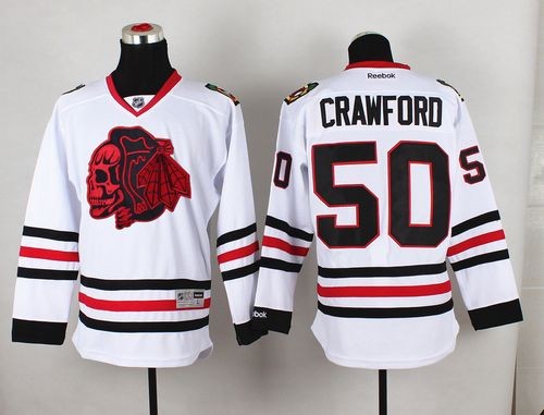 Blackhawks 50 Corey Crawford White(Red Skull) Men Jersey