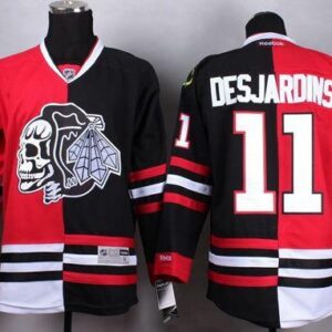 Blackhawks 11 Andrew Desjardins Red-Black Split White Skull Men Jersey