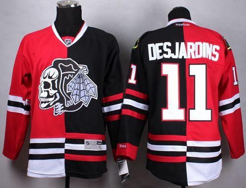 Blackhawks 11 Andrew Desjardins Red-Black Split White Skull Men Jersey