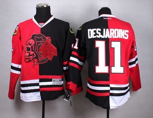 Blackhawks 11 Andrew Desjardins Red-Black Split Red Skull Men Jersey