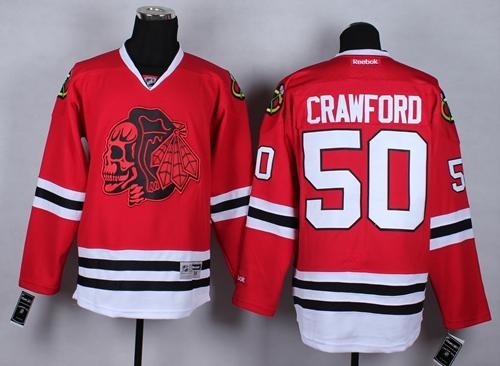 Blackhawks 50 Corey Crawford Red WithRed Skull Men Jersey