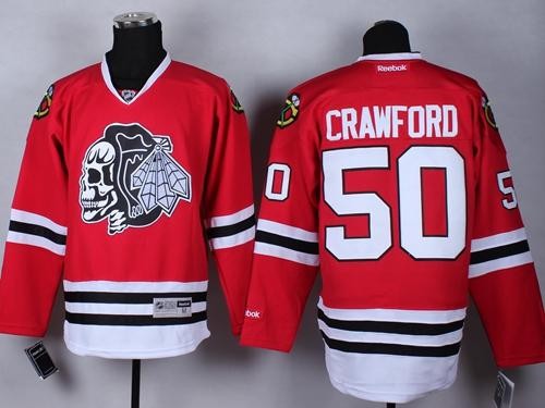 Blackhawks 50 Corey Crawford Red WithWhite Skull Men Jersey