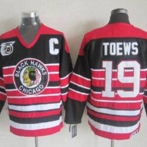 Blackhawks 19 Jonathan Toews Red Black 75TH CCM Men Jersey