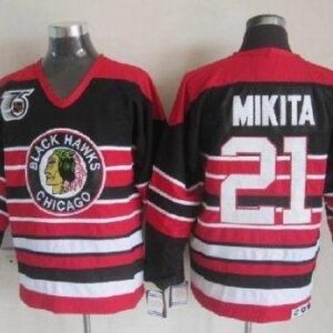 Blackhawks 21 Stan Mikita Red Black 75TH CCM Men Jersey
