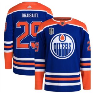 Oilers 29 Leon Draisaitl Royal 2024 Stanley Cup Final Patch Men Jersey