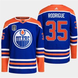 Oilers 35 Olivier Rodrigue Royal 2024 Stanley Cup Final Patch Men Jersey