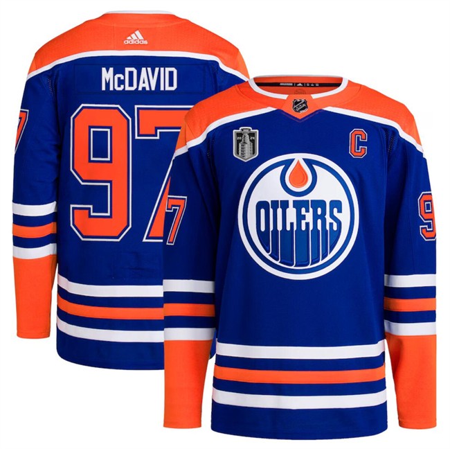Oilers 97 Connor McDavid Royal 2024 Stanley Cup Final Patch Men Jersey