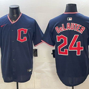 Cleveland Guardians 24 Delauter Navy Cool Base Men Jersey