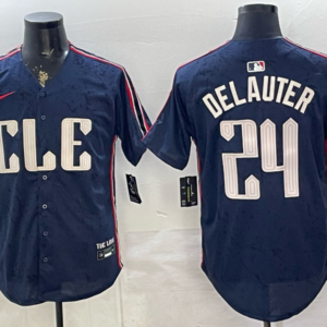 Cleveland Guardians 24 Delauter Navy Cool Base Men Jersey