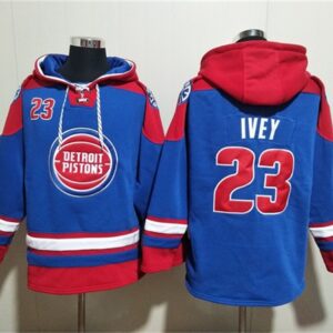 Pistons 23 Jaden Ivey Blue Red Lace-Up Pullover Hoodie