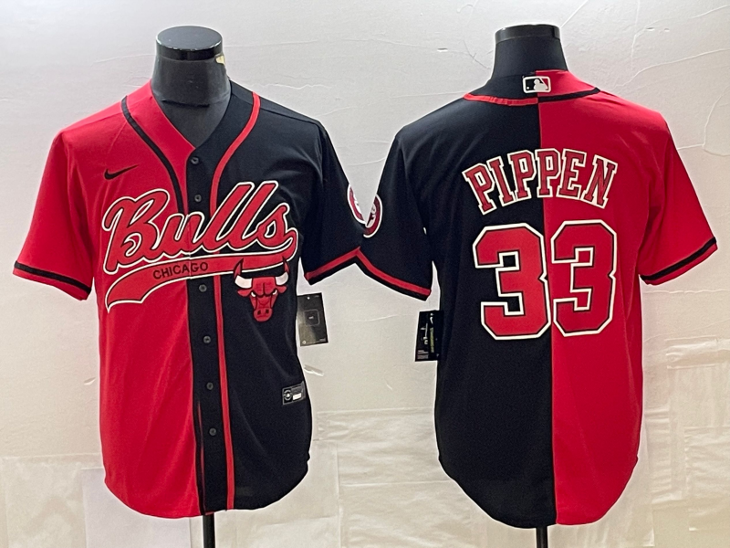 Bulls 33 Scottie Pippen Red Black Split Baseball Men Jersey