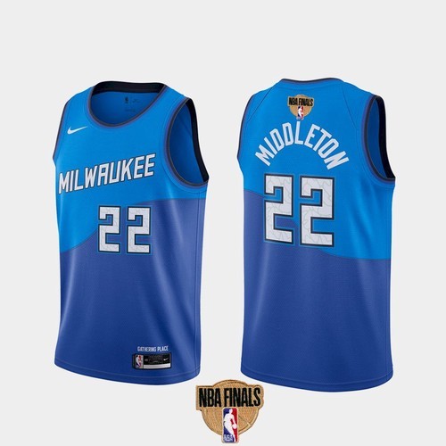 Bucks 22 Khris Middleton 2021 Finals Blue City Edition Men Jersey