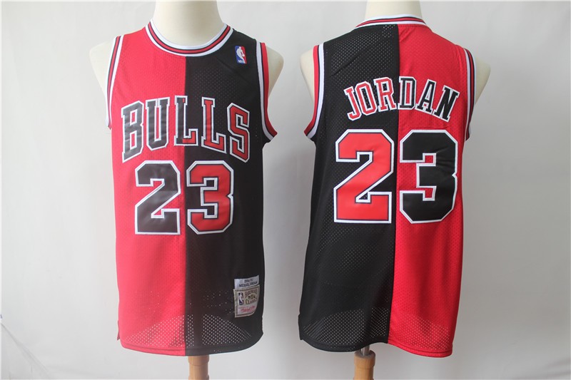 Bulls 23 Michael Jordan Red Black Split Hardwood Classics Men Jersey