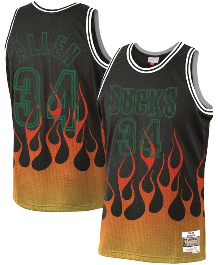 Bucks 34 Ray Allen Black 1996-97 Hardwood Classics Flames Men Jersey