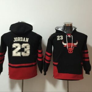 Bulls 23 Michael Jordan Black All Stitched Hooded Youth Sweatshirt