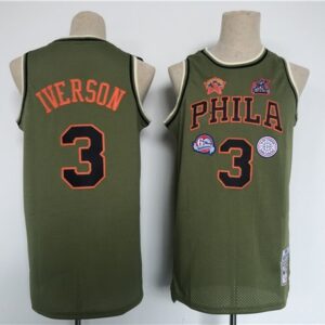 76ers 3 Allen Iverson Green Military Flight Patchs Basketball Men Jersey