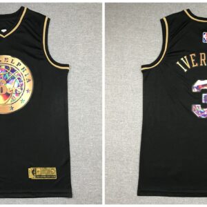 76ers 3 Allen Iverson Black Gold Diamond Men Jersey