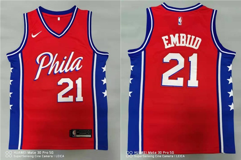 76ers 21 Joel Embiid Red Men Jersey