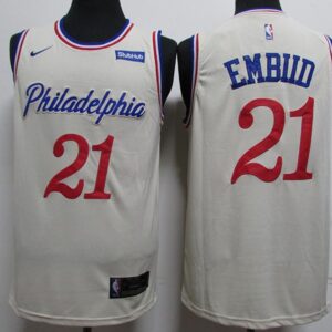 76ers 21 Joel Embiid Cream 2019-20 City Edition Men Jersey