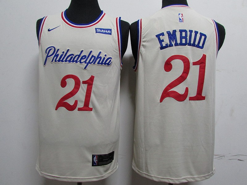 76ers 21 Joel Embiid Cream 2019-20 City Edition Men Jersey