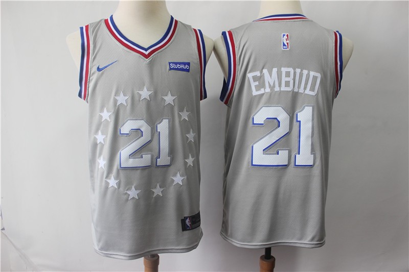 76ers 21 Joel Embiid Gray 2018-19 City Edition Men Jersey