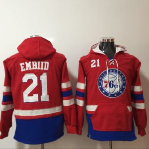 76ers 21 Joel Embiid Red Hooded Men Sweatshirt