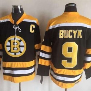 Bruins 9 Johnny Bucyk Black Yellow CCM Throwback New C Patch Men Jersey