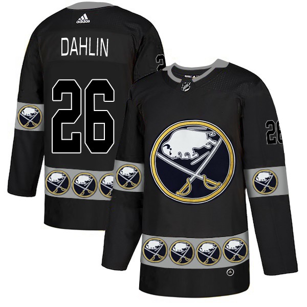 Sabres 26 Rasmus Dahlin Black Team Logos Fashion Men Jersey