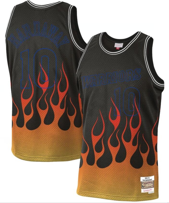Warriors 10 Tim Hardaway Black 1990-91 Hardwood Classics Flames Men Jersey